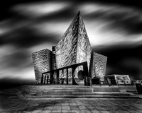 The titanic building in Belfast captured during a long exposure in black and white
